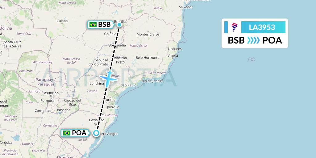 LA3953 LAN Airlines Flight Map: Brasilia to Porto Alegre