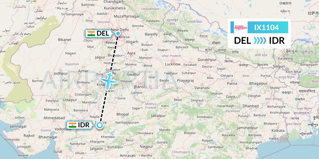 IX1104 Air India Express Flight Map: Delhi to Indore
