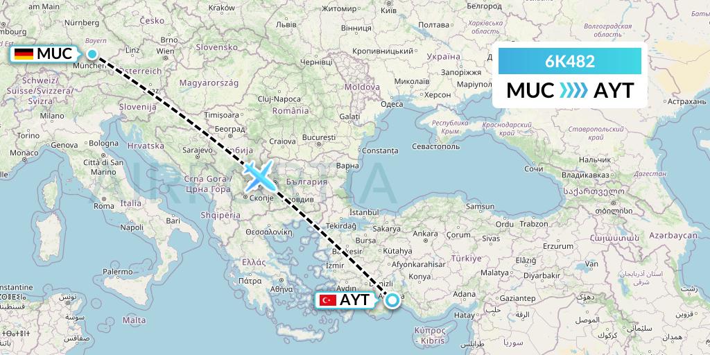 6K482 Songbird Airways Flight Map: Munich to Antalya