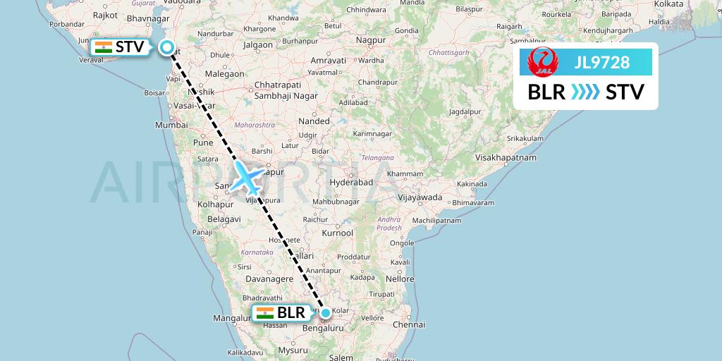 JL9728 Japan Airlines Flight Map: Bangalore to Surat