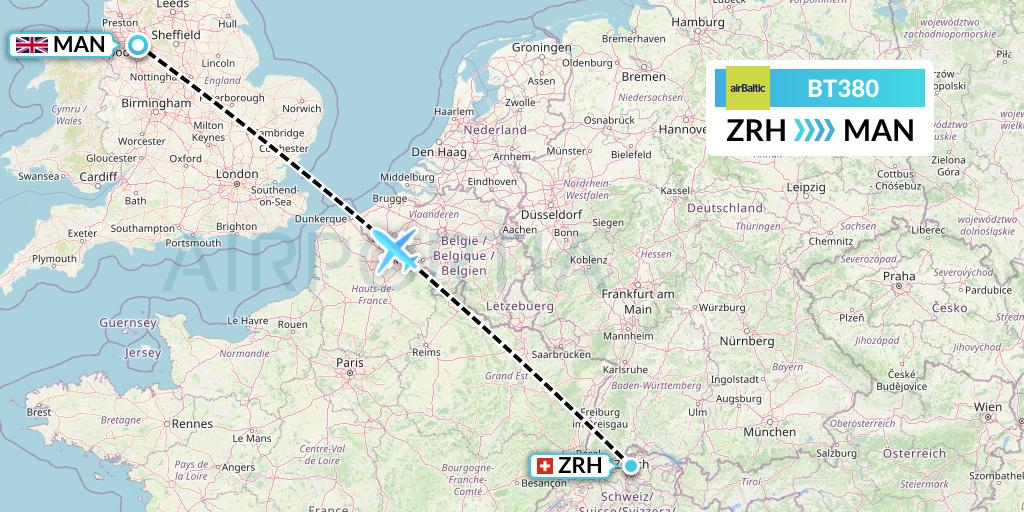 BT380 Air Baltic Flight Map: Zurich to Manchester