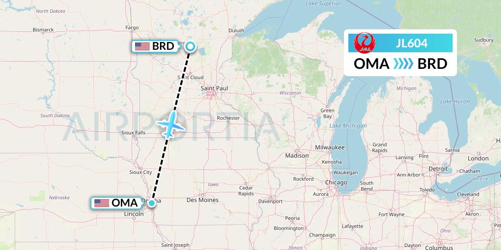 JL604 Japan Airlines Flight Map: Omaha to Brainerd