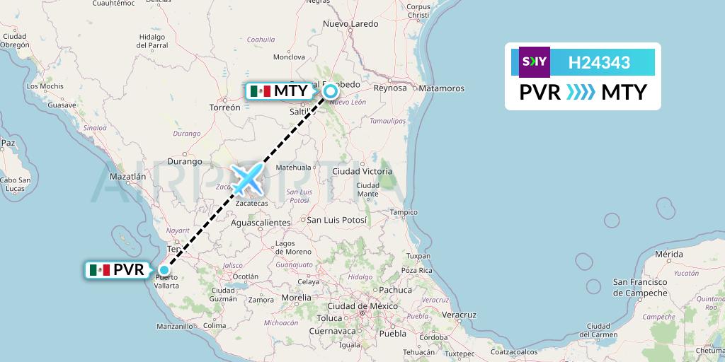 H24343 Sky Airline Flight Map: Puerto Vallarta to Monterrey