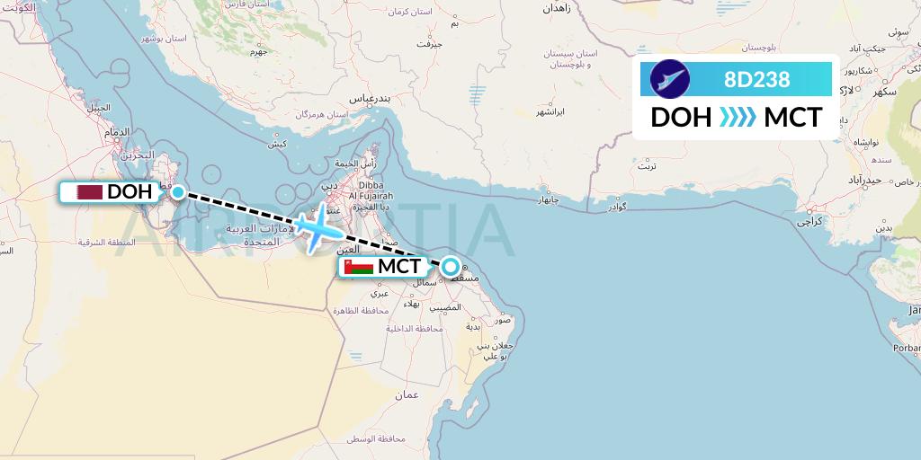 8D238 FitsAir Flight Map: Doha to Muscat