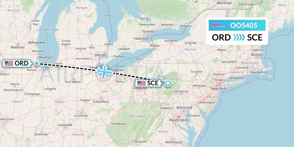 OO5405 SkyWest Airlines Flight Map: Chicago to State College