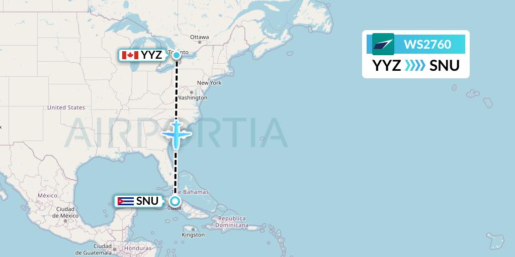 WS2760 WestJet Flight Map: Toronto to Santa Clara