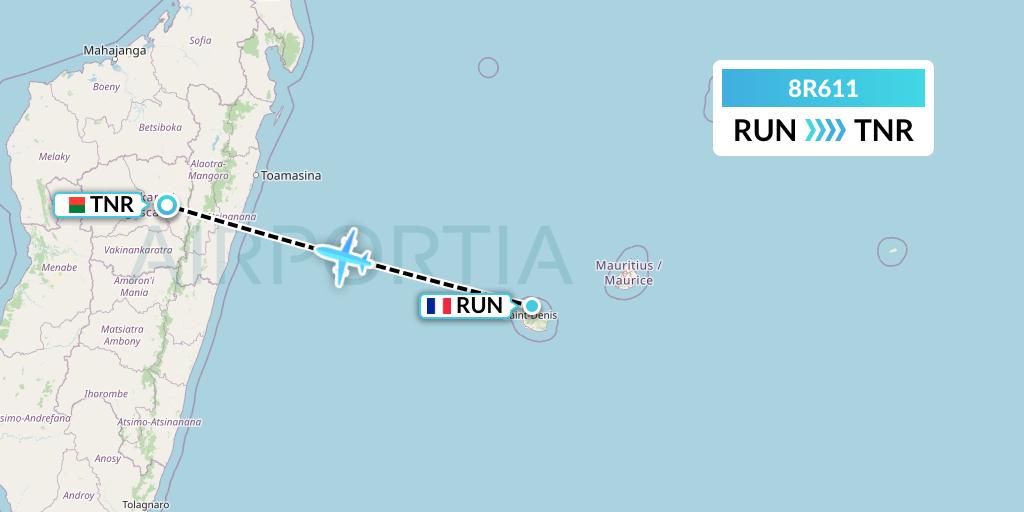 8R611 Amelia Flight Map: Saint-Denis to Antananarivo