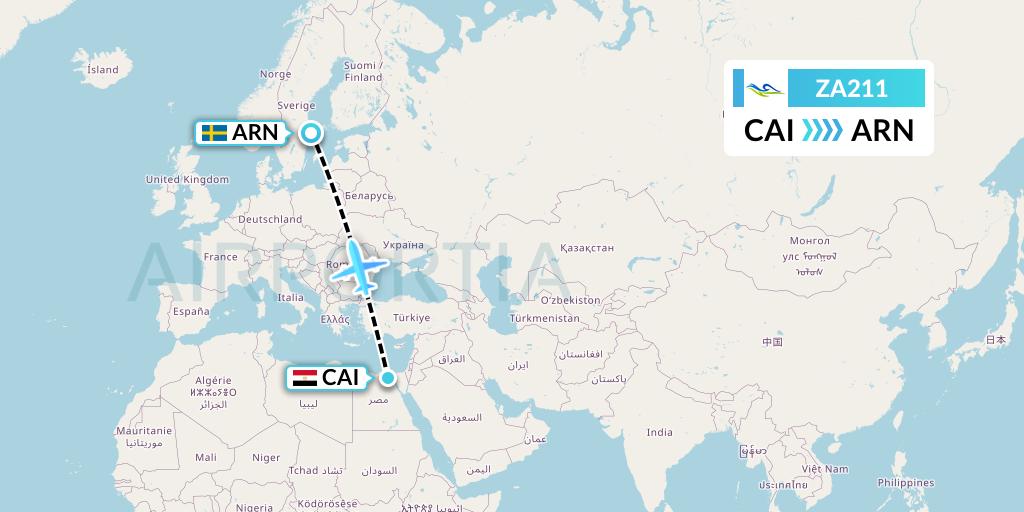 ZA211 Sky Angkor Airlines Flight Map: Cairo to Stockholm