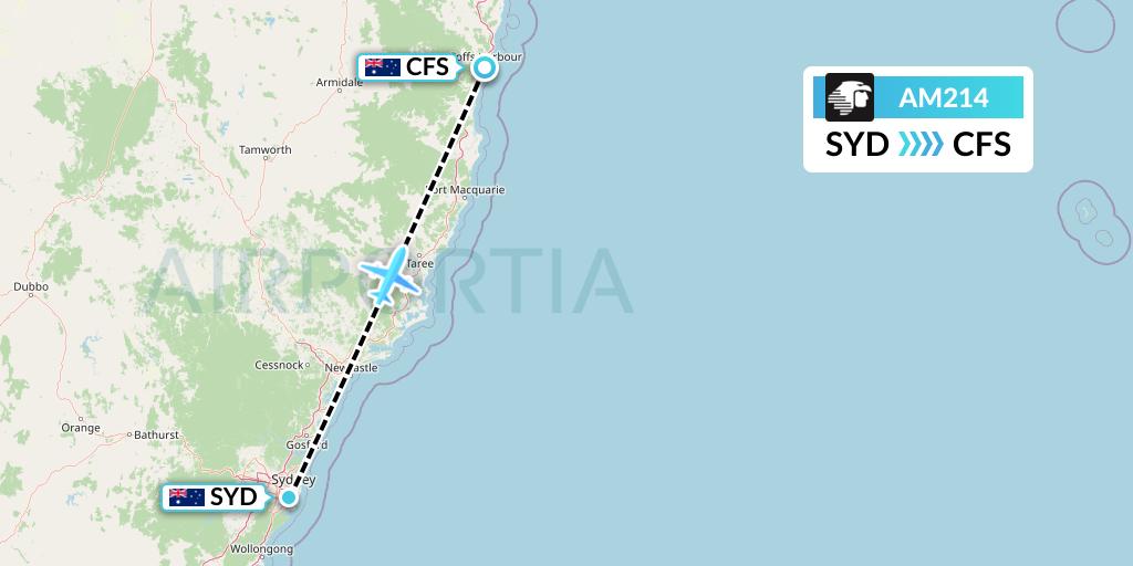 AM214 Aeromexico Flight Map: Sydney to Coffs Harbour