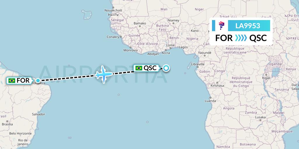 LA9953 LAN Airlines Flight Map: Fortaleza to Sao Carlos