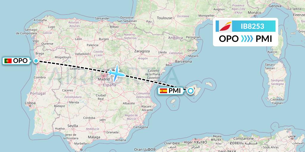 IB8253 Iberia Flight Map: Porto to Palma de Mallorca
