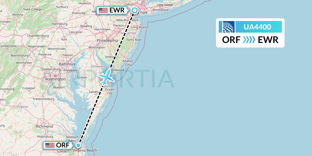 UA4400 United Airlines Flight Map: Norfolk to New York