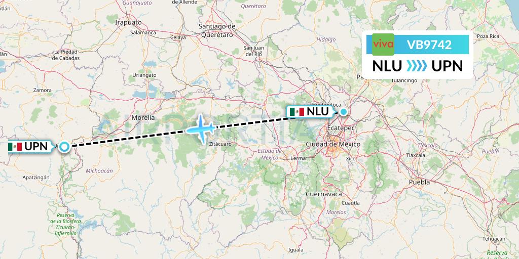 VB9742 VivaAerobus Flight Map: Reyes Acozac to Uruapan