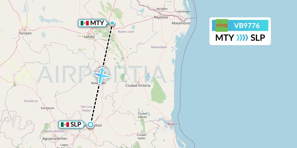 VB9776 VivaAerobus Flight Map: Monterrey to San Luis Potosi
