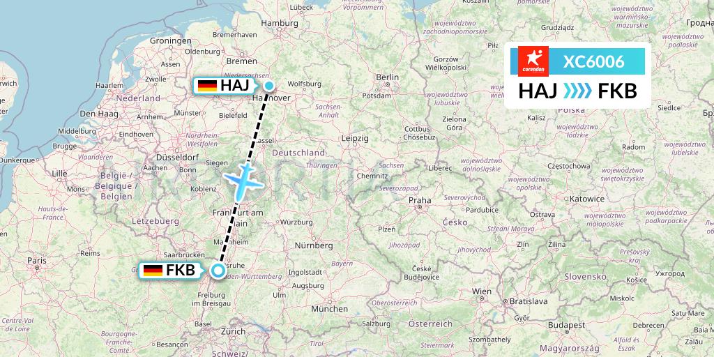 XC6006 Corendon Airlines Flight Map: Hannover to Karlsruhe/Baden-Baden