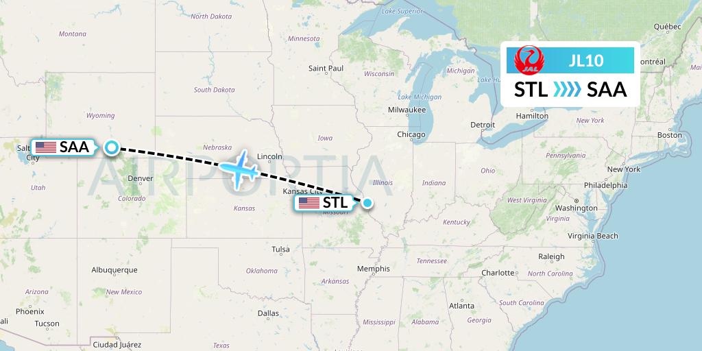JL10 Japan Airlines Flight Map: St. Louis to Saratoga