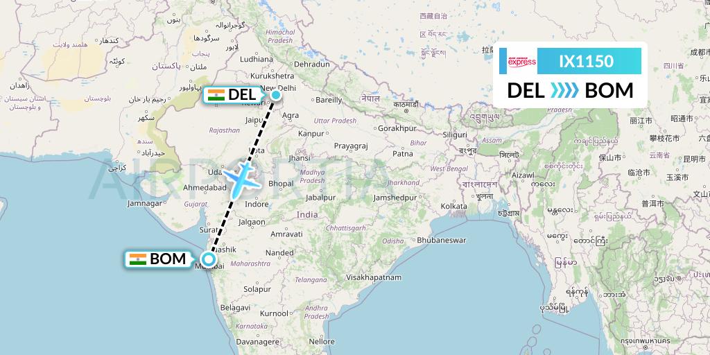 IX1150 Air India Express Flight Map: Delhi to Mumbai