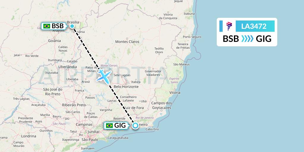 LA3472 LAN Airlines Flight Map: Brasilia to Rio de Janeiro