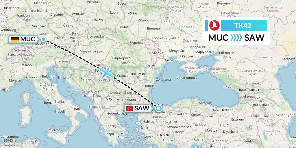 TK42 Turkish Airlines Flight Map: Munich to Istanbul