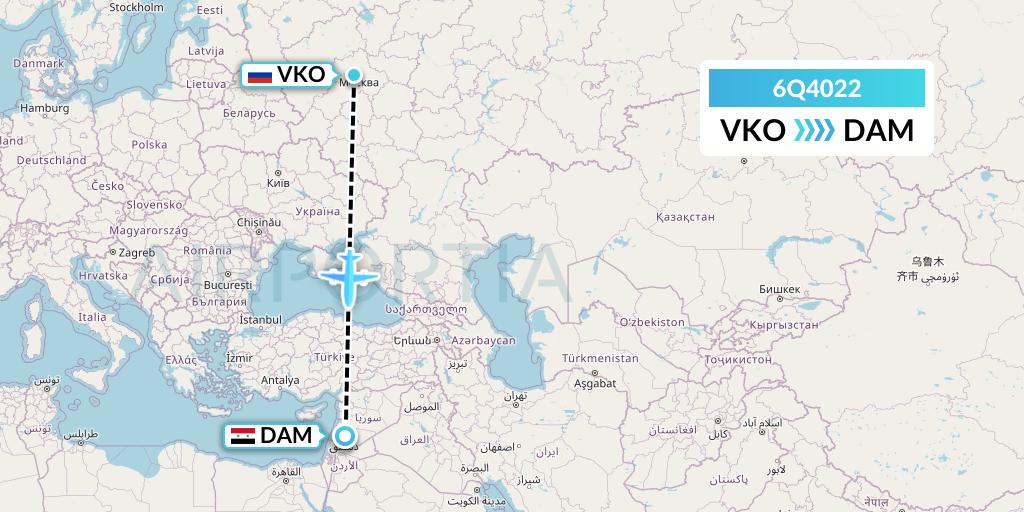 6Q4022 Cham Wings Airlines Flight Map: Moscow to Damascus