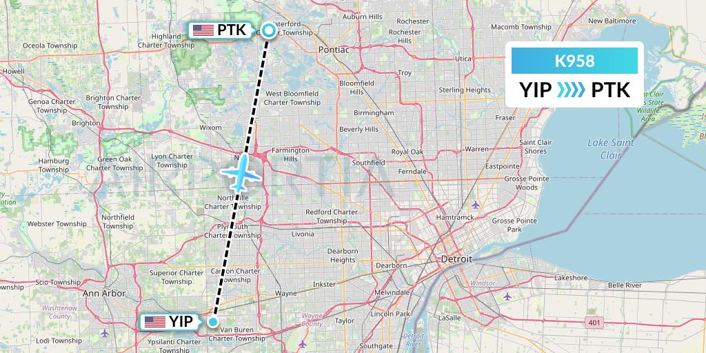K958 Kalitta Charters Flight Map: Detroit to Oakland County