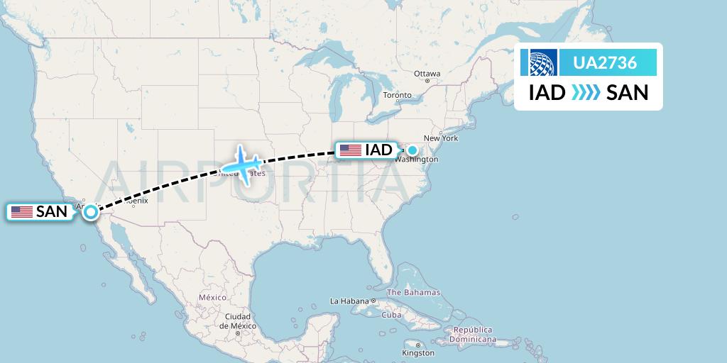 UA2736 United Airlines Flight Map: Washington to San Diego