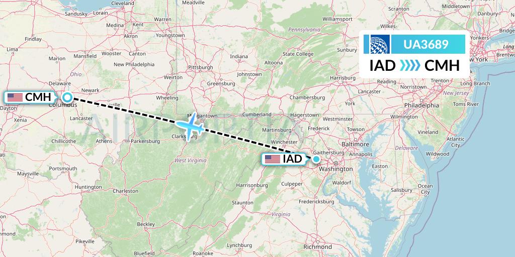 UA3689 United Airlines Flight Map: Washington to Columbus