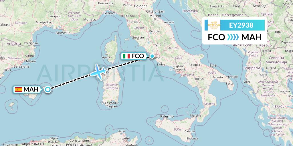 EY2938 Etihad Airways Flight Map: Rome to Mahon