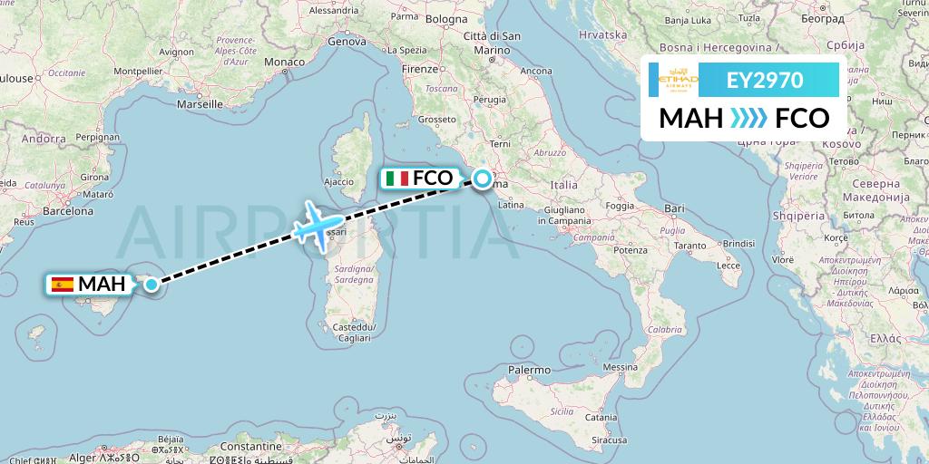 EY2970 Etihad Airways Flight Map: Mahon to Rome