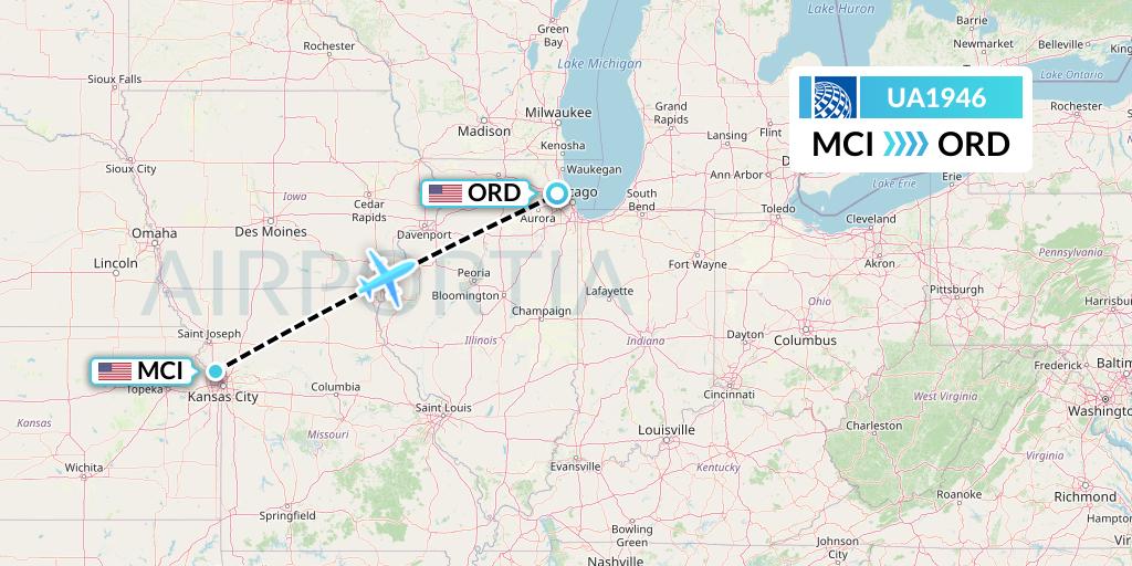 UA1946 United Airlines Flight Map: Kansas City to Chicago