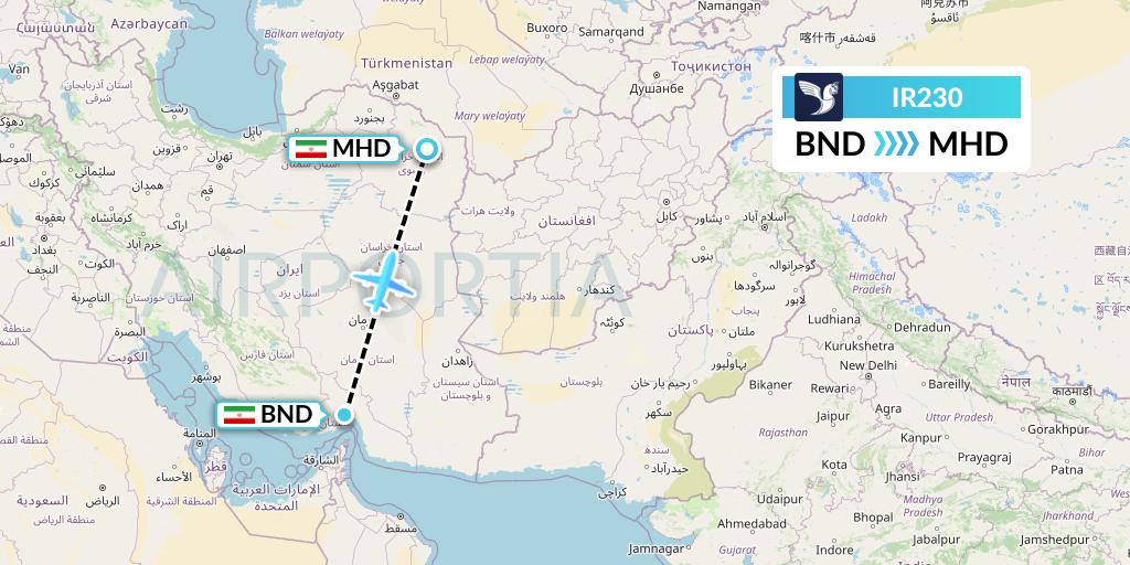 IR230 Iran Air Flight Map: Bandar Abbas to Mashhad