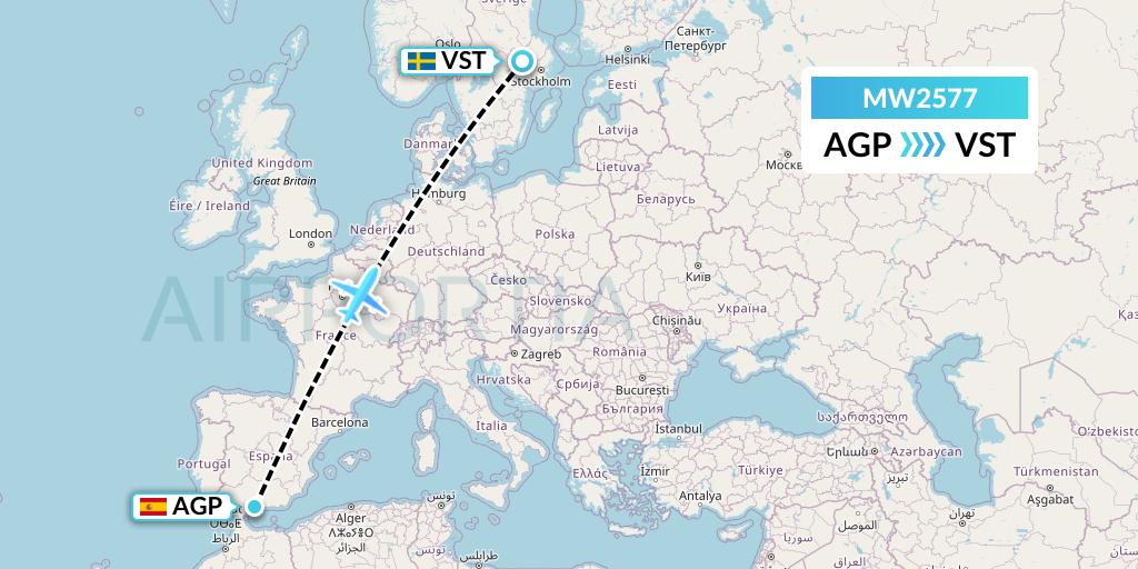 MW2577 Mokulele Flight Service Flight Map: Malaga to Stockholm