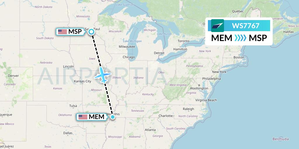 WS7767 WestJet Flight Map: Memphis to Minneapolis