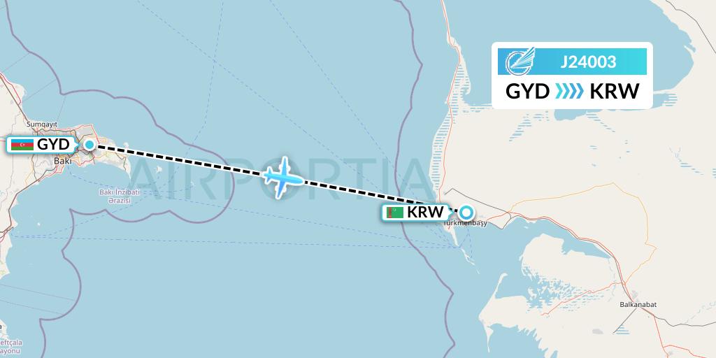J24003 Azerbaijan Airlines Flight Map: Baku to Turkmenbashi