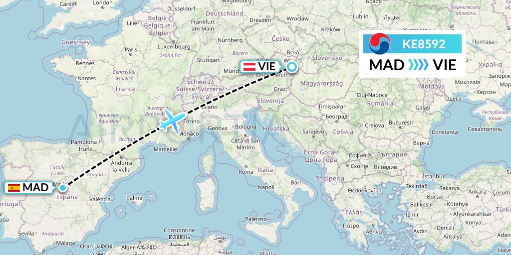 KE8592 Korean Air Flight Map: Madrid to Vienna