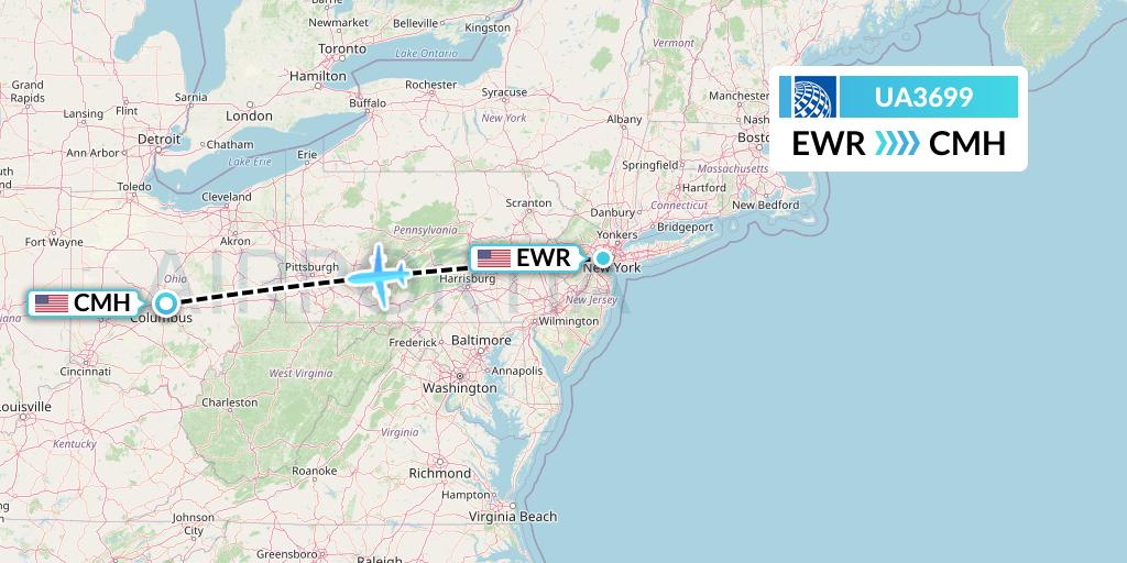 UA3699 United Airlines Flight Map: New York to Columbus