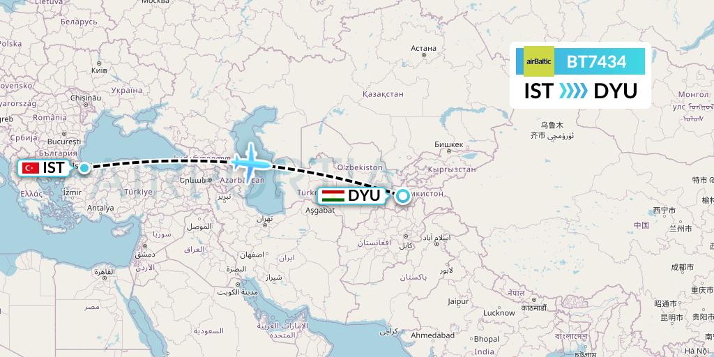 BT7434 Air Baltic Flight Map: Istanbul to Dushanbe