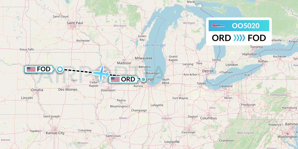 OO5020 SkyWest Airlines Flight Map: Chicago to Fort Dodge
