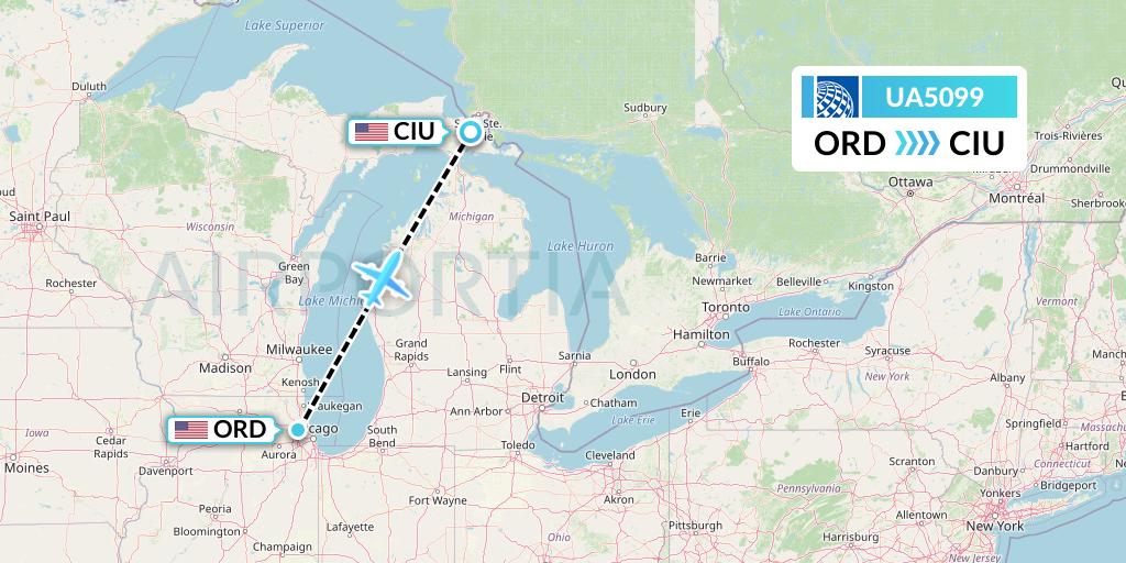 UA5099 United Airlines Flight Map: Chicago to Sault Sainte Marie