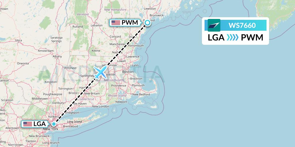 WS7660 WestJet Flight Map: New York to Portland