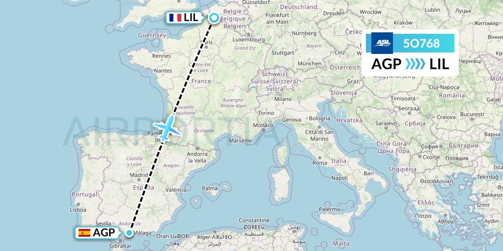 5O768 ASL Airlines France Flight Map: Malaga to Lille