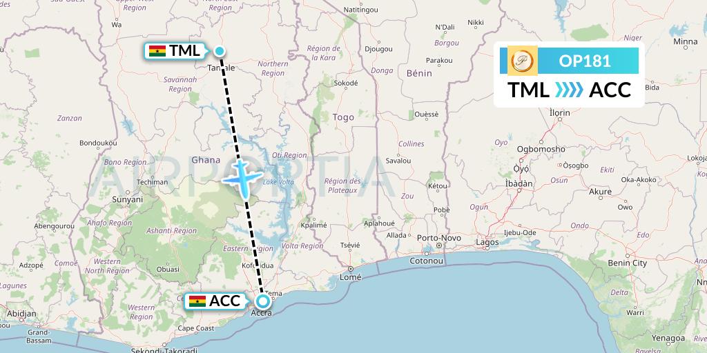 OP181 PassionAir Flight Map: Tamale to Accra