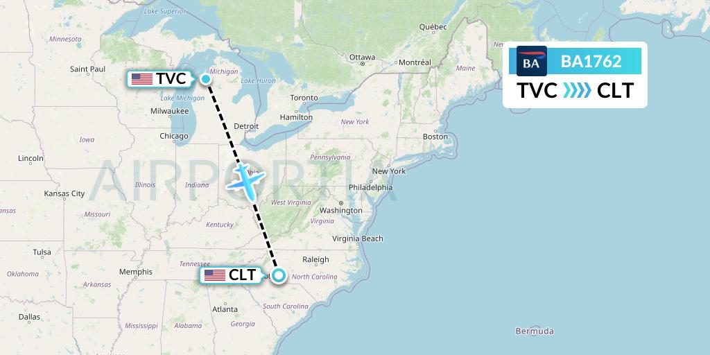 BA1762 British Airways Flight Map: Traverse City to Charlotte