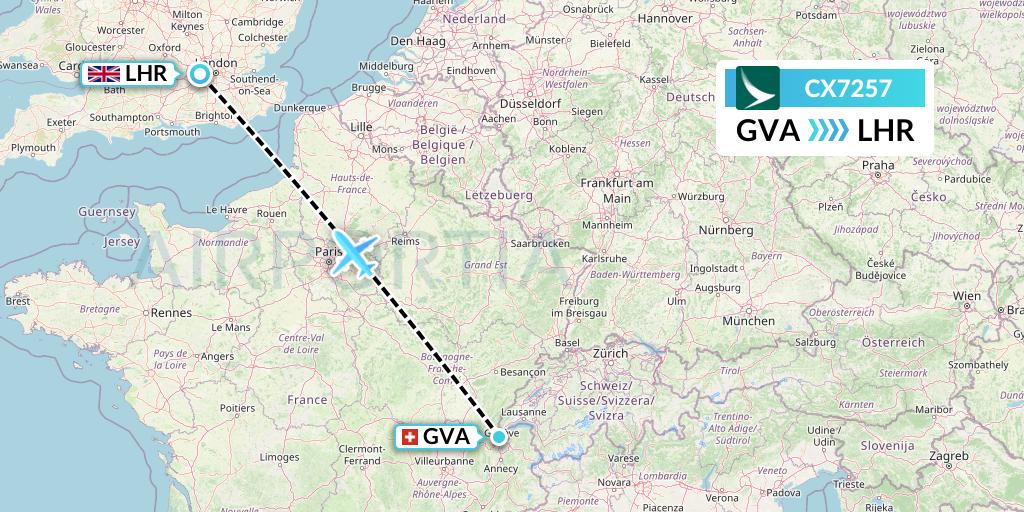 CX7257 Cathay Pacific Flight Map: Geneva to London
