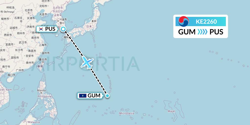 KE2260 Korean Air Flight Map: Guam to Busan