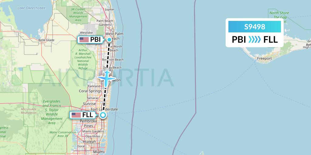 S9498 Flybig Flight Map: West Palm Beach to Fort Lauderdale