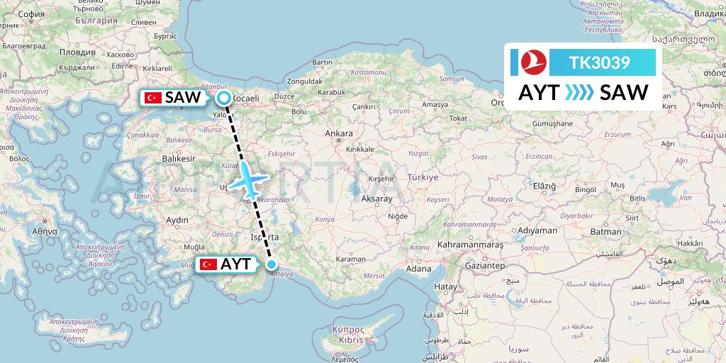 TK3039 Turkish Airlines Flight Map: Antalya to Istanbul