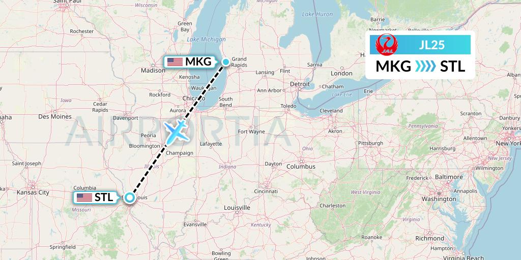 JL25 Japan Airlines Flight Map: Muskegon to St. Louis