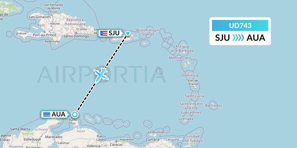 UD743 UR Airlines Flight Map: San Juan to Oranjestad