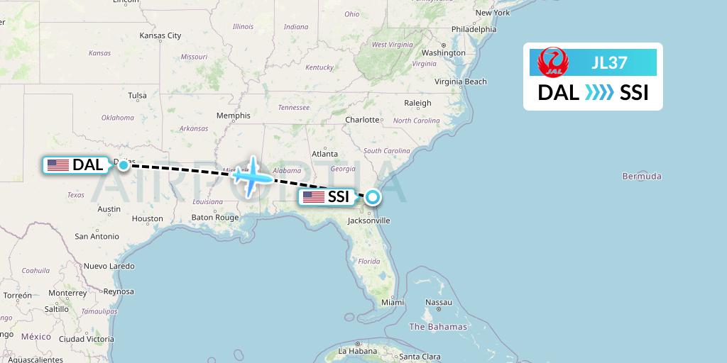 JL37 Japan Airlines Flight Map: Dallas to Brunswick